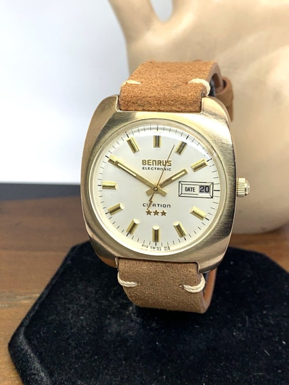 Benrus Men's Watch Citation 3-Star Swiss Quartz Vintage Gold Black Leather 36mm